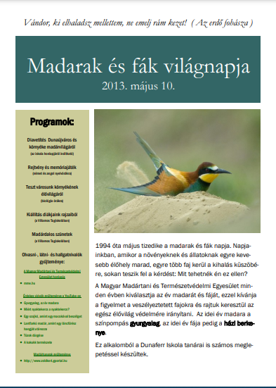 A Madarak és fák világnapja esemény programfelhívó plakátja